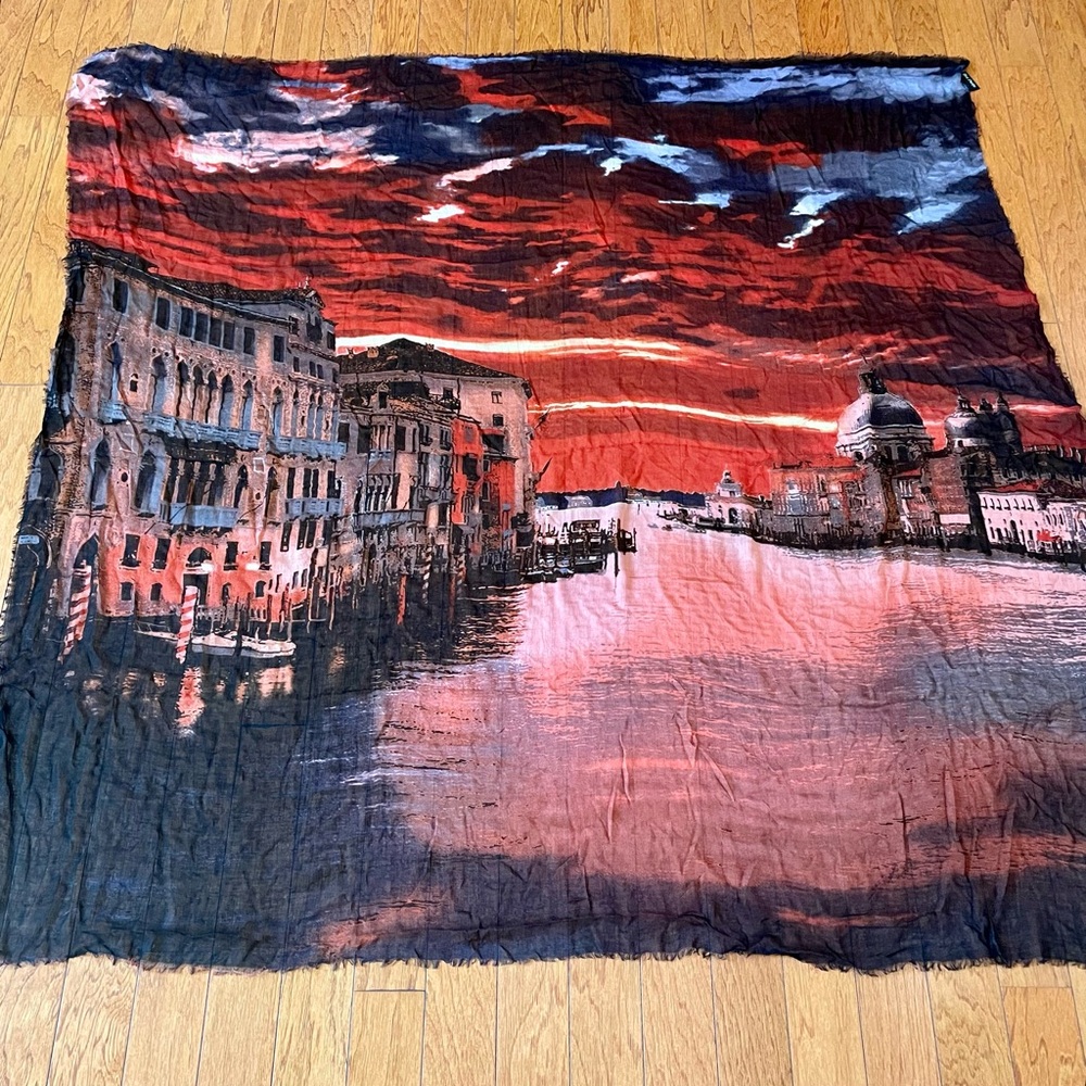 Blue Pacific Micromodal Artisan Scarf Wrap Venice Scene Deep Red